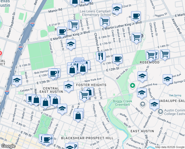 map of restaurants, bars, coffee shops, grocery stores, and more near 2106 East 12th Street in Austin