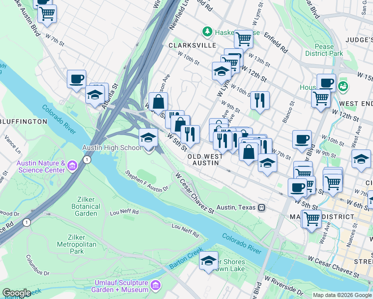 map of restaurants, bars, coffee shops, grocery stores, and more near 1612 West 5th Street in Austin