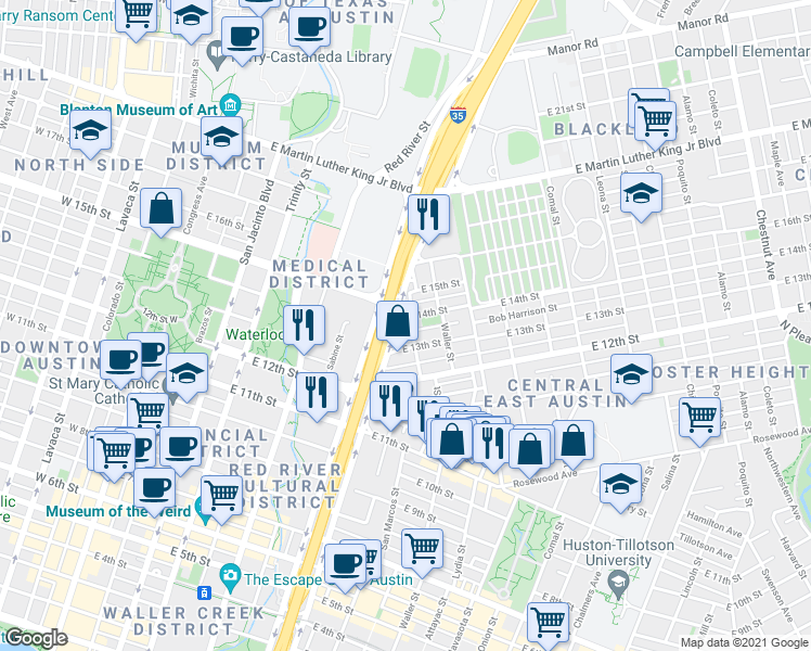 map of restaurants, bars, coffee shops, grocery stores, and more near 807 East 14th Street in Austin