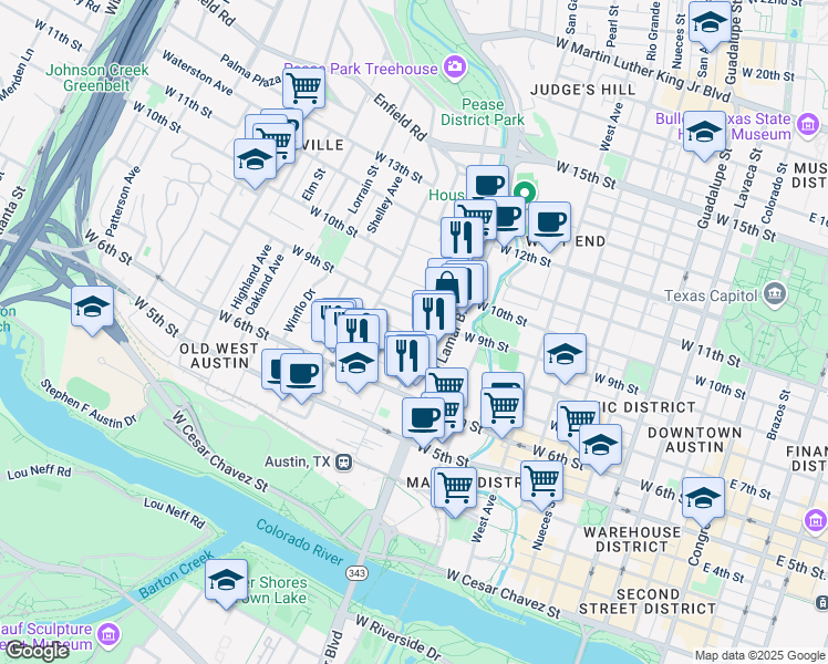 map of restaurants, bars, coffee shops, grocery stores, and more near 804 Baylor Street in Austin