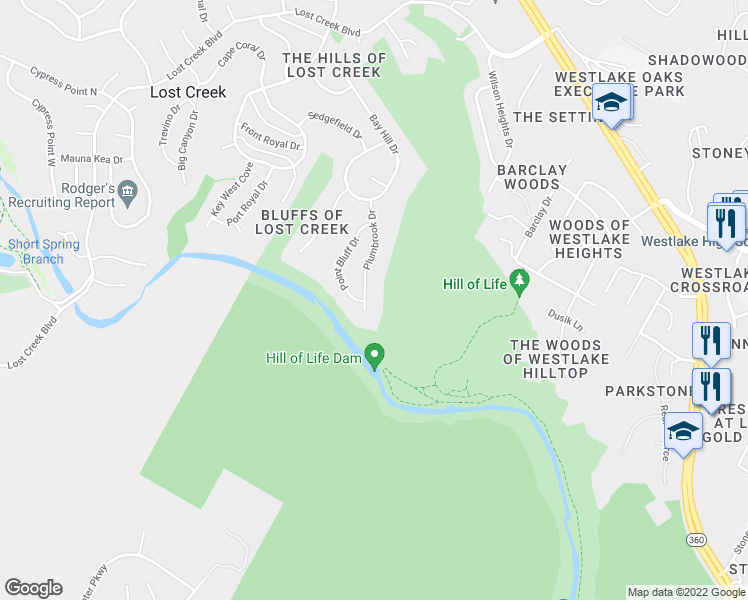 map of restaurants, bars, coffee shops, grocery stores, and more near 2201 Plumbrook Drive in Austin