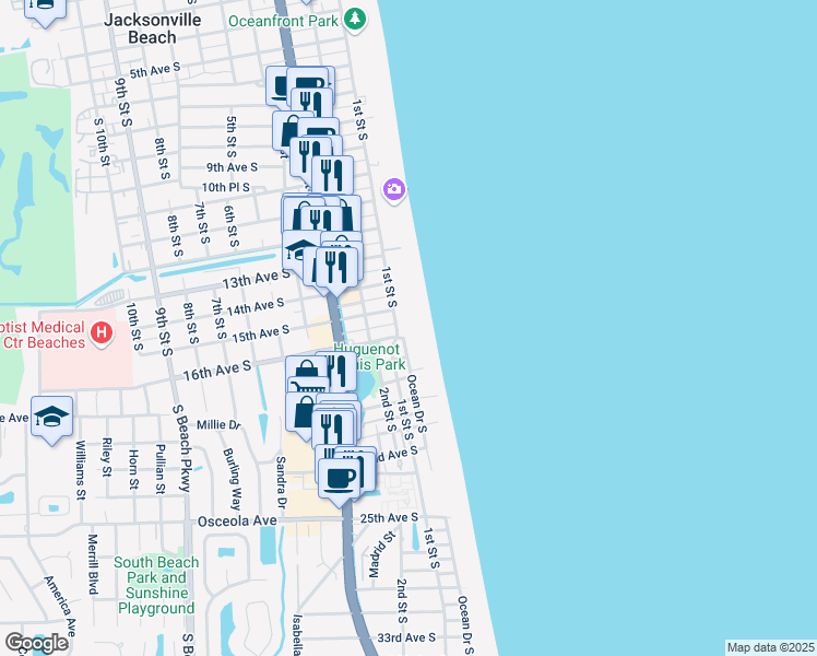 map of restaurants, bars, coffee shops, grocery stores, and more near 1505 1st Street South in Jacksonville Beach