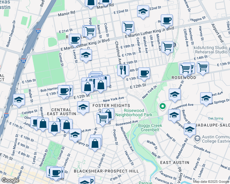map of restaurants, bars, coffee shops, grocery stores, and more near 2105 East 12th Street in Austin