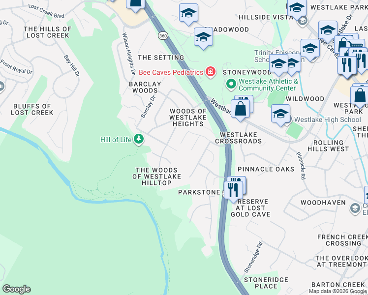 map of restaurants, bars, coffee shops, grocery stores, and more near 1621 Churchwood Cove in Austin