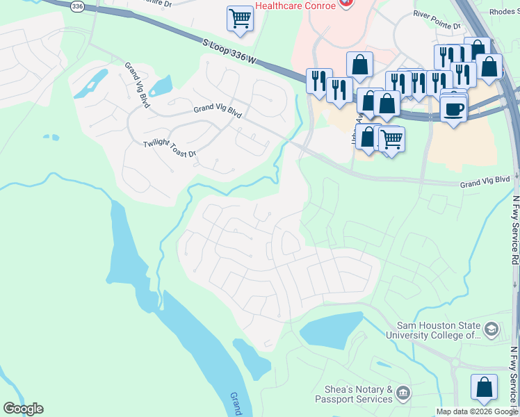 map of restaurants, bars, coffee shops, grocery stores, and more near 610 Aspen Falls Court in Conroe