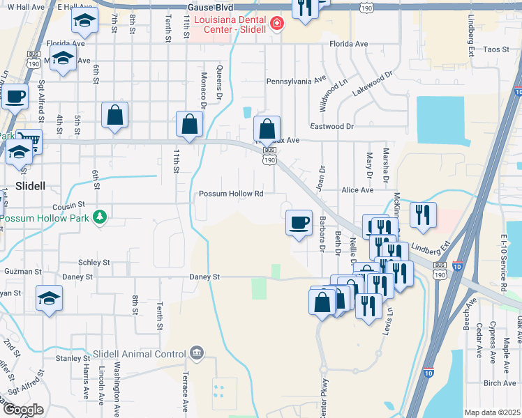 map of restaurants, bars, coffee shops, grocery stores, and more near 1925 Possum Hollow Road in Slidell
