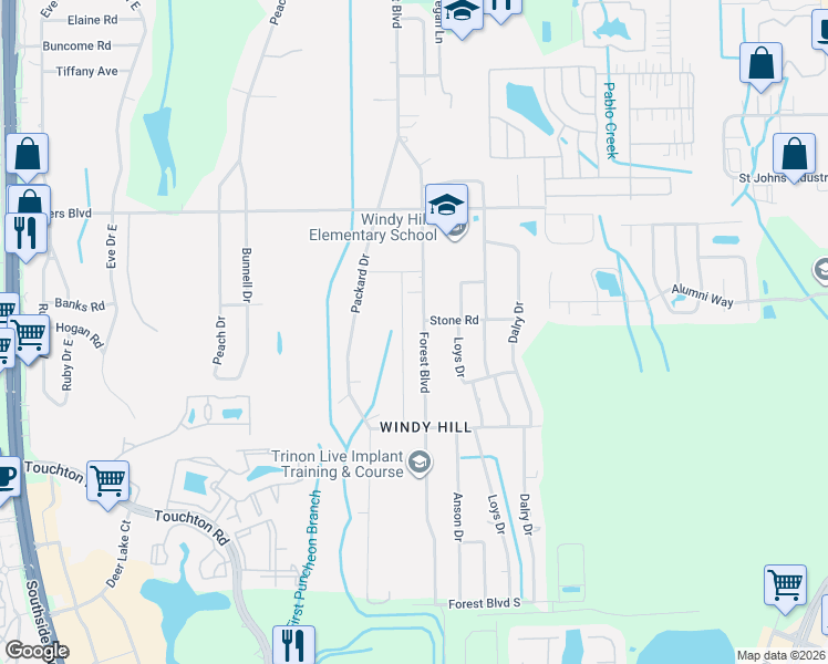 map of restaurants, bars, coffee shops, grocery stores, and more near 10403 Stone Road in Jacksonville