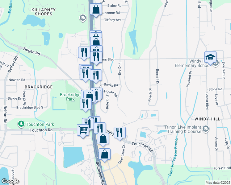 map of restaurants, bars, coffee shops, grocery stores, and more near 9742 Banks Road in Jacksonville
