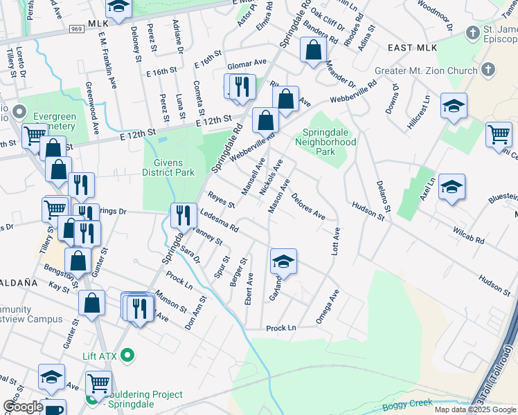 map of restaurants, bars, coffee shops, grocery stores, and more near 4900 Santa Anna Street in Austin