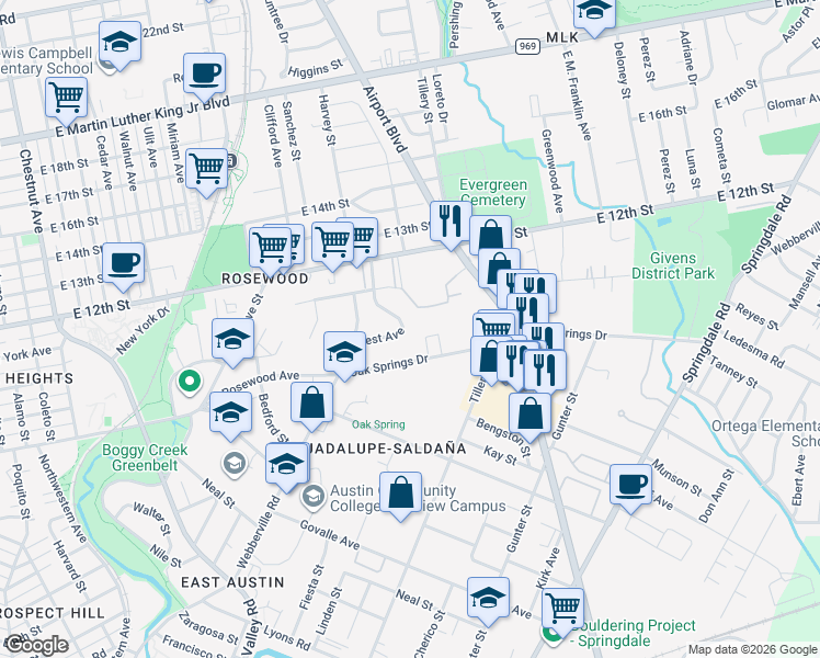 map of restaurants, bars, coffee shops, grocery stores, and more near 1177 Oak Grove Avenue in Austin