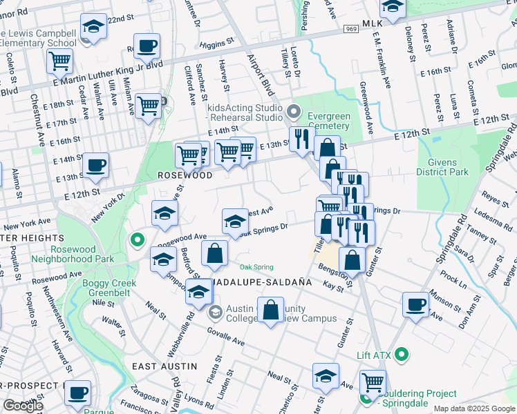 map of restaurants, bars, coffee shops, grocery stores, and more near 1177 Oak Grove Avenue in Austin