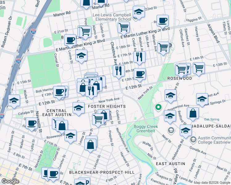 map of restaurants, bars, coffee shops, grocery stores, and more near 2300 East 12th Street in Austin