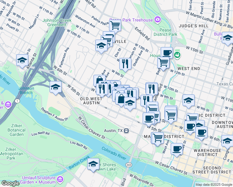 map of restaurants, bars, coffee shops, grocery stores, and more near 711 Brownlee Circle in Austin