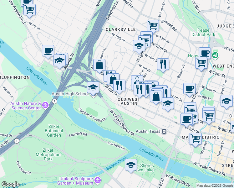 map of restaurants, bars, coffee shops, grocery stores, and more near 1612 West 5th Street in Austin