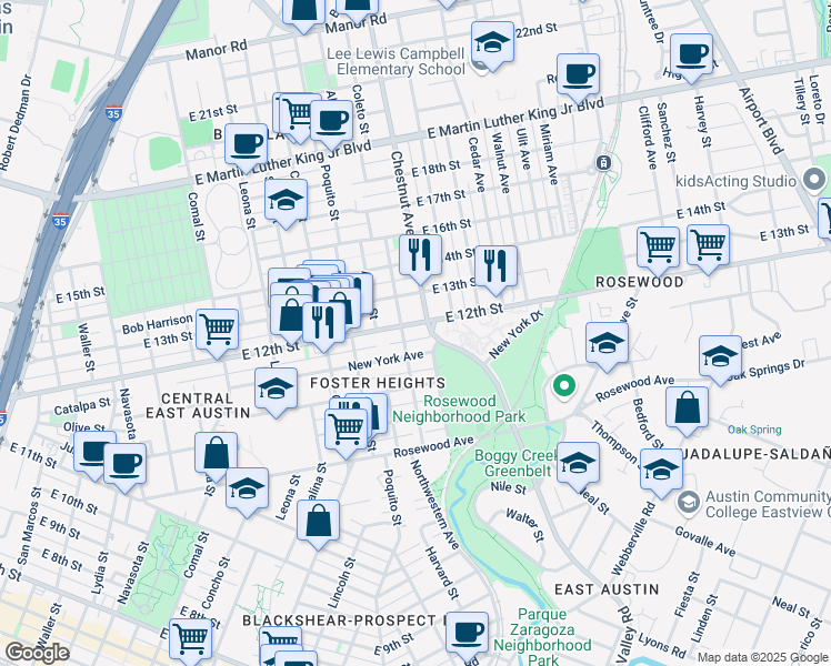 map of restaurants, bars, coffee shops, grocery stores, and more near 2300 East 12th Street in Austin