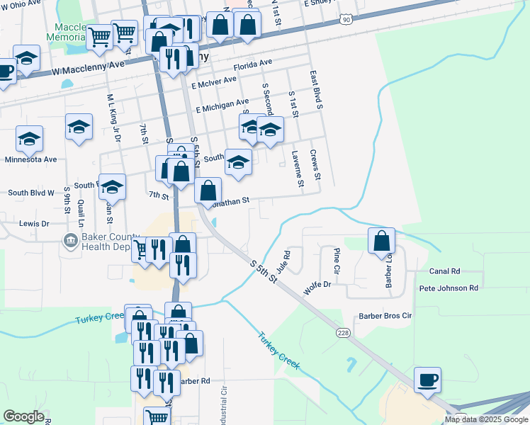 map of restaurants, bars, coffee shops, grocery stores, and more near 270 Jonathan Street in Macclenny