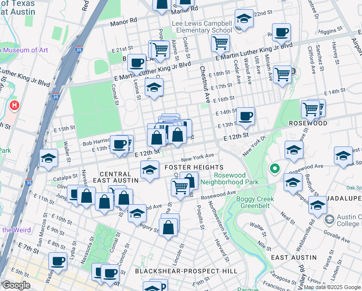 map of restaurants, bars, coffee shops, grocery stores, and more near 1212 Poquito Street in Austin