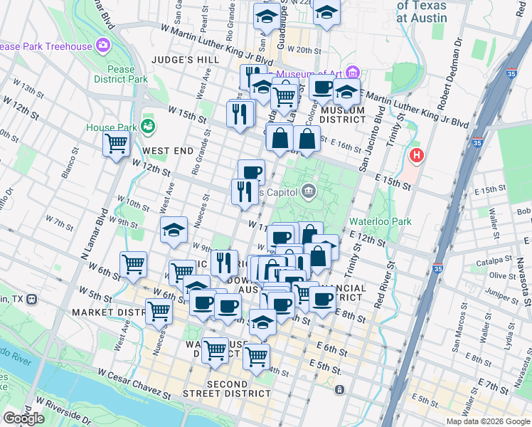 map of restaurants, bars, coffee shops, grocery stores, and more near in Austin