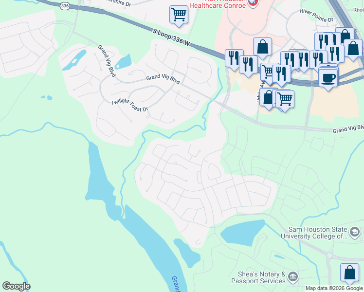 map of restaurants, bars, coffee shops, grocery stores, and more near 610 Aspen Falls Court in Conroe