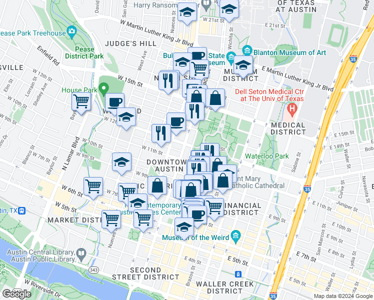 map of restaurants, bars, coffee shops, grocery stores, and more near 1122 Colorado Street in Austin