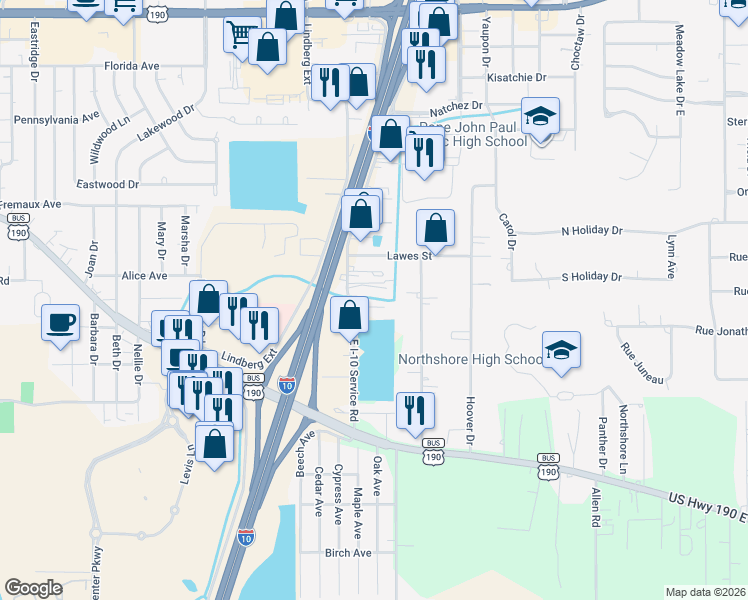 map of restaurants, bars, coffee shops, grocery stores, and more near 684 East I-10 Service Road in Slidell
