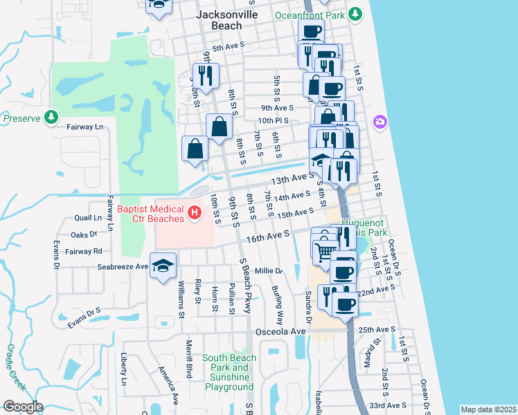 map of restaurants, bars, coffee shops, grocery stores, and more near 727 14th Avenue South in Jacksonville Beach