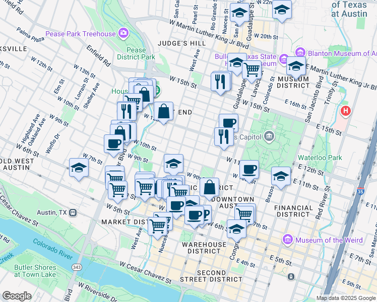 map of restaurants, bars, coffee shops, grocery stores, and more near 601 West 11th Street in Austin