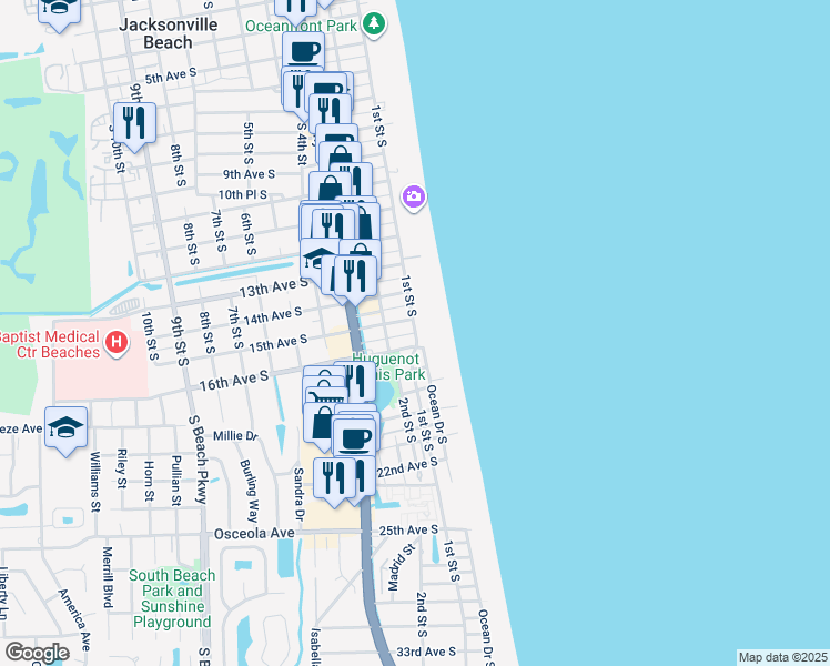 map of restaurants, bars, coffee shops, grocery stores, and more near 1512 15th Avenue South in Jacksonville Beach