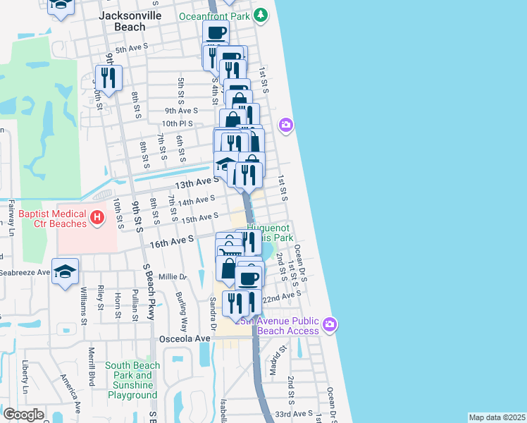 map of restaurants, bars, coffee shops, grocery stores, and more near 1451 3rd Street South in Jacksonville Beach
