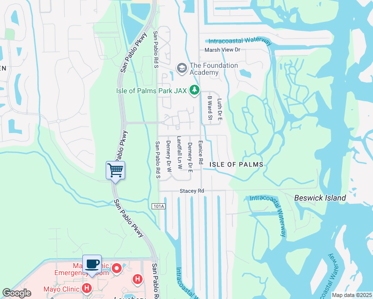 map of restaurants, bars, coffee shops, grocery stores, and more near 3922 Demery Drive East in Jacksonville Beach