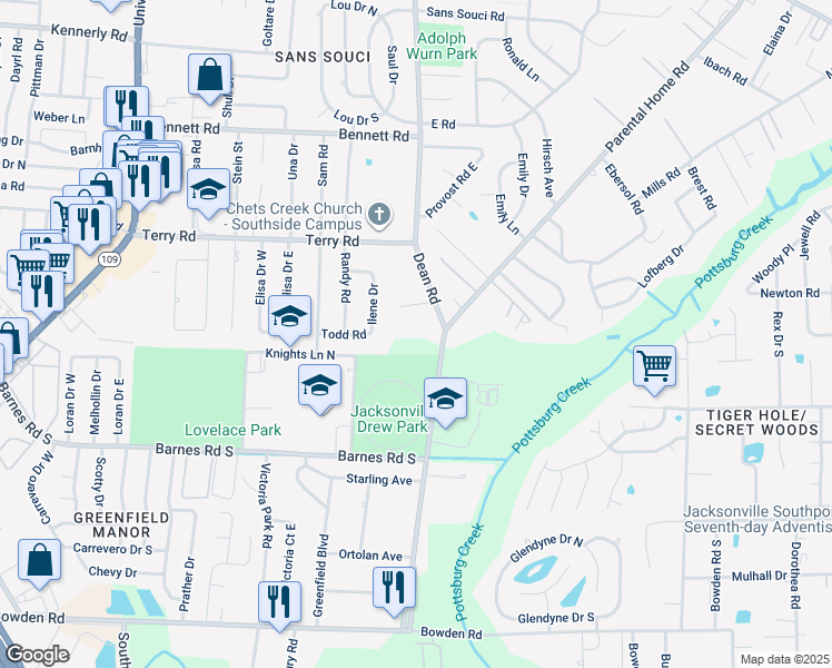 map of restaurants, bars, coffee shops, grocery stores, and more near 6610 Wellington Place Lane in Jacksonville