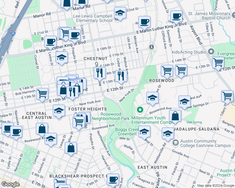 map of restaurants, bars, coffee shops, grocery stores, and more near 2408 East 12th Street in Austin