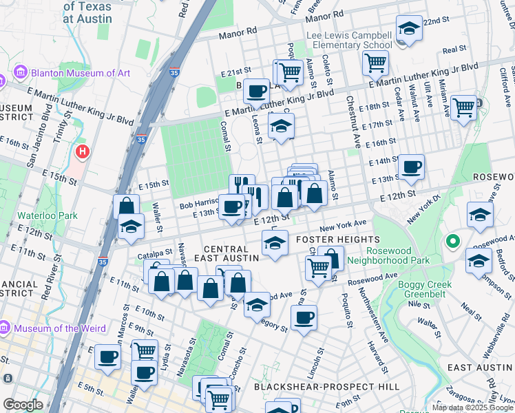 map of restaurants, bars, coffee shops, grocery stores, and more near 1504 East 13th Street in Austin