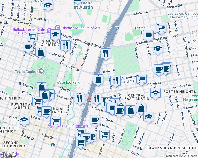map of restaurants, bars, coffee shops, grocery stores, and more near 1402 Olander Street in Austin