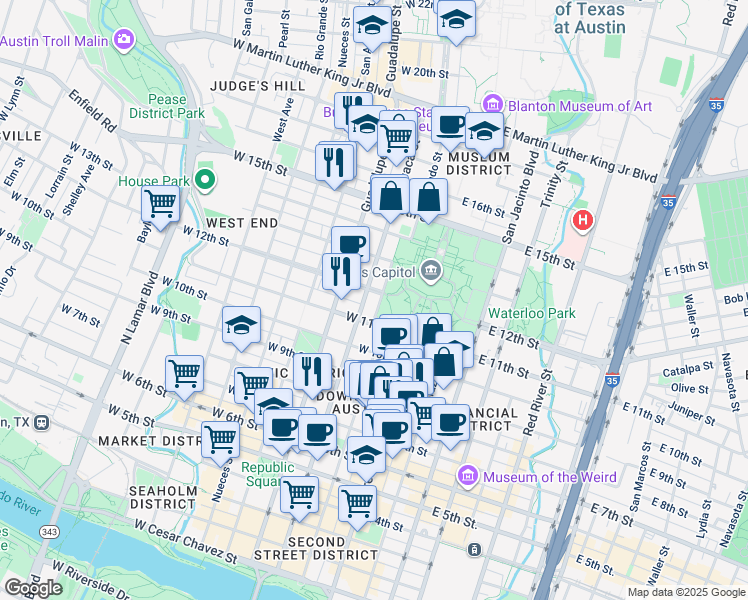 map of restaurants, bars, coffee shops, grocery stores, and more near in Austin