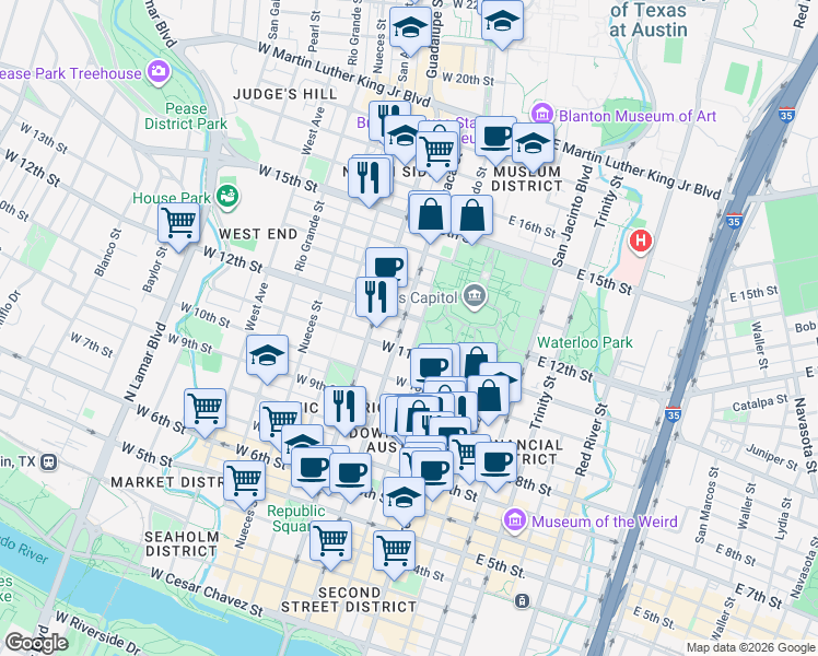 map of restaurants, bars, coffee shops, grocery stores, and more near in Austin