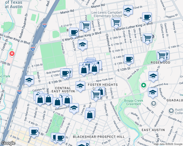 map of restaurants, bars, coffee shops, grocery stores, and more near 1805 East 13th Street in Austin