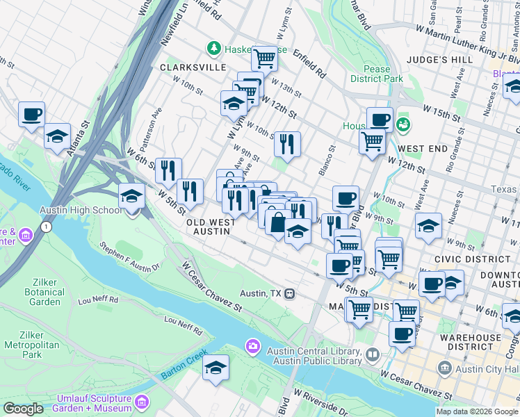 map of restaurants, bars, coffee shops, grocery stores, and more near 701 Brownlee Circle in Austin