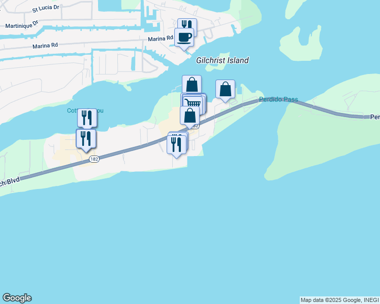 map of restaurants, bars, coffee shops, grocery stores, and more near 27222 Gulf Road in Orange Beach