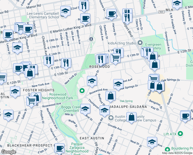 map of restaurants, bars, coffee shops, grocery stores, and more near 1183 1/2 Hargrave Street in Austin