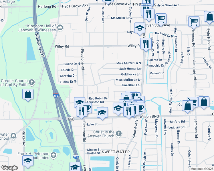 map of restaurants, bars, coffee shops, grocery stores, and more near 2506 Red Robin Drive East in Jacksonville