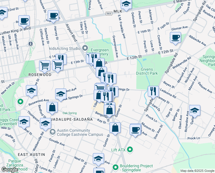 map of restaurants, bars, coffee shops, grocery stores, and more near 1157 Airport Boulevard in Austin