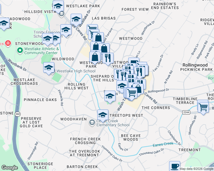 map of restaurants, bars, coffee shops, grocery stores, and more near 1101 Snowy Owl Court in Austin