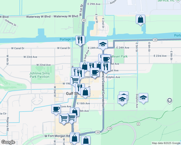 map of restaurants, bars, coffee shops, grocery stores, and more near 201 East 21st Avenue in Gulf Shores