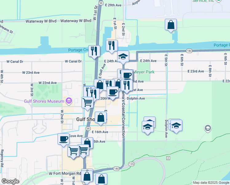 map of restaurants, bars, coffee shops, grocery stores, and more near 229 East 21st Avenue in Gulf Shores
