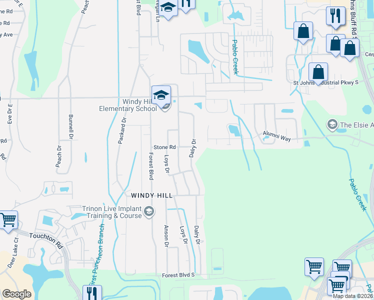 map of restaurants, bars, coffee shops, grocery stores, and more near 10517 Stone Road in Jacksonville