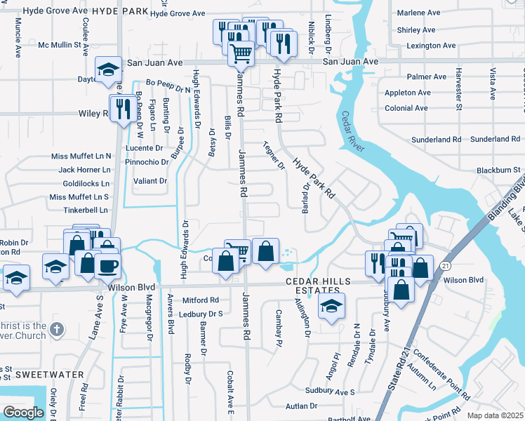 map of restaurants, bars, coffee shops, grocery stores, and more near 2401 Jammes Road in Jacksonville