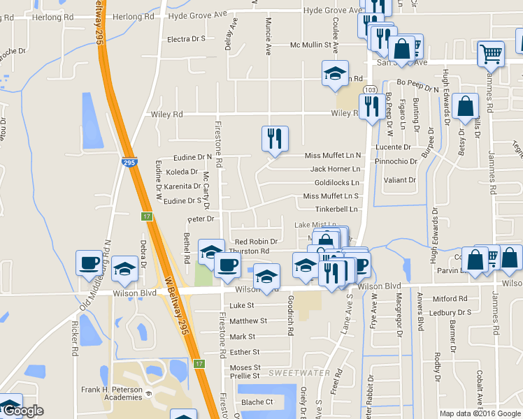 map of restaurants, bars, coffee shops, grocery stores, and more near 2436 Miss Muffet Lane West in Jacksonville