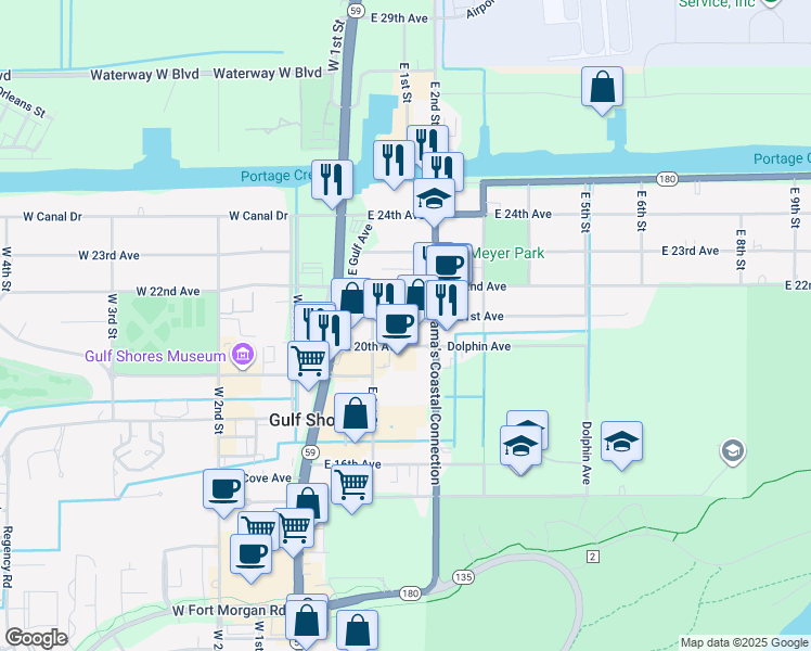 map of restaurants, bars, coffee shops, grocery stores, and more near 229-235 E 21st Ave in Gulf Shores