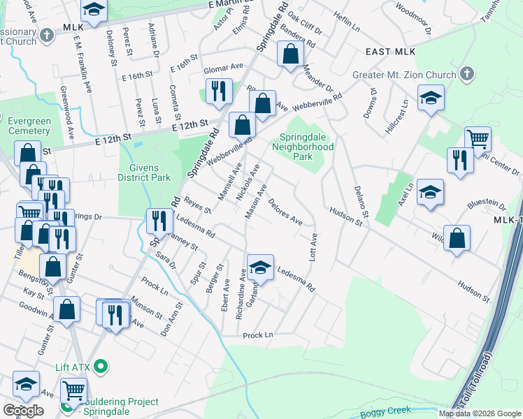 map of restaurants, bars, coffee shops, grocery stores, and more near 1135 Mason Avenue in Austin
